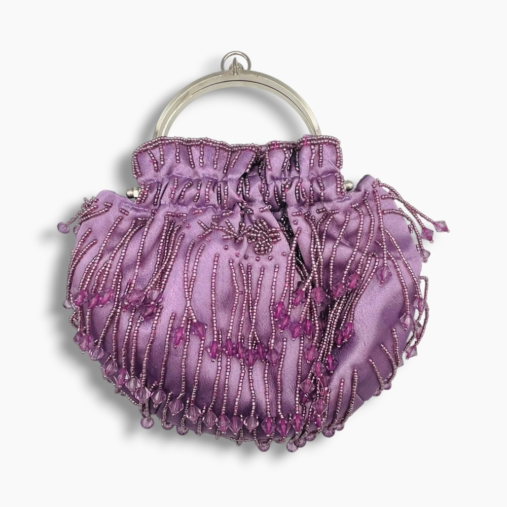 Bijoux Terner Purple Satin Beaded Evening Bag Silver Frame Kiss Lock Clutch